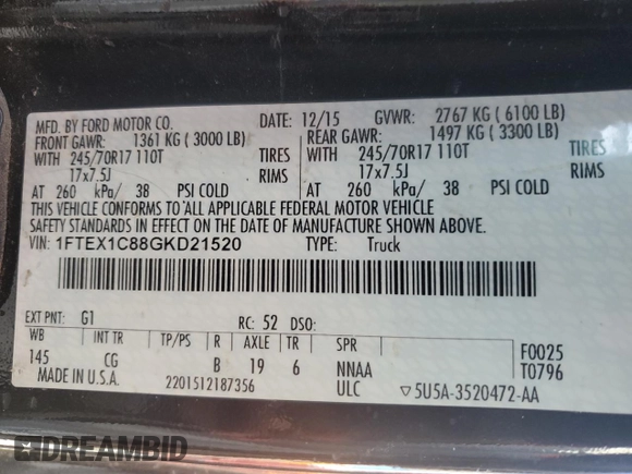 2016 Ford F-150 XL with VIN 1FTEX1C88GKD21520, listed as a Copart auction lot 49377425 with 210,719 mi miles and Salvage Title. Bid and sale history available at carsss.com. Image 12.