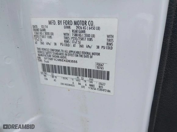 2014 Ford F-150 XL with VIN 1FTMF1CM6EKD83555, listed as a IAAI auction lot 41540710 with 122,107 mi miles. Bid and sale history available at carsss.com. Image 9.