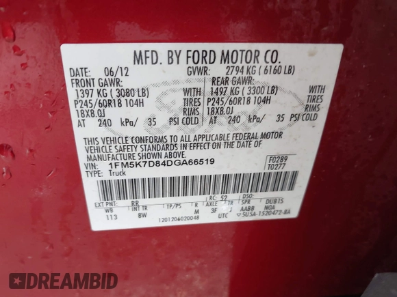 2013 Ford Explorer XLT with VIN 1FM5K7D84DGA66519, listed as a IAAI auction lot 41191250 with 164,027 mi miles and . Bid and sale history available at DreamBid. Image 9.