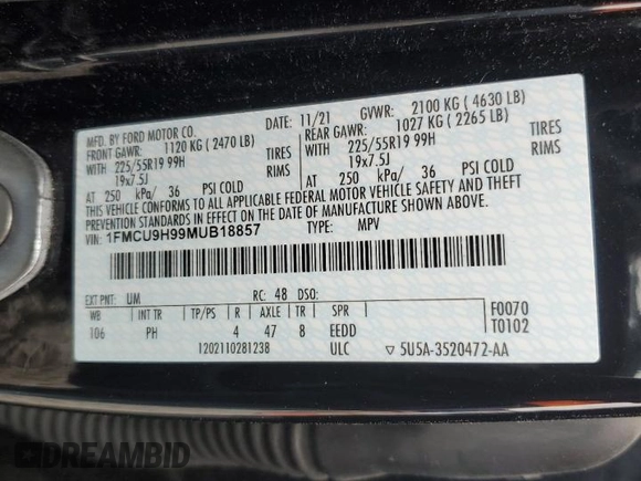 2021 Ford Escape SEL с VIN 1FMCU9H99MUB18857, выставлен на аукционе Copart как лот 81411694 с пробегом 36 032 миль миль и Списание • Salvage title. История ставок и продаж доступна на DreamBid. Изображение 14.