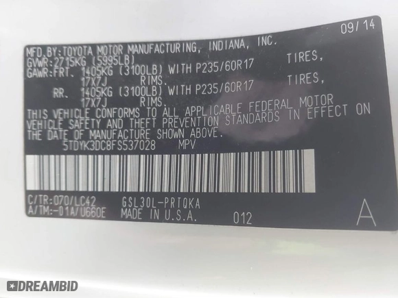 2015 Toyota Sienna XLE with VIN 5TDYK3DC8FS537028, listed as a IAAI auction lot 41192117 with 198,243 mi miles. Bid and sale history available at carsss.com. Image 9.