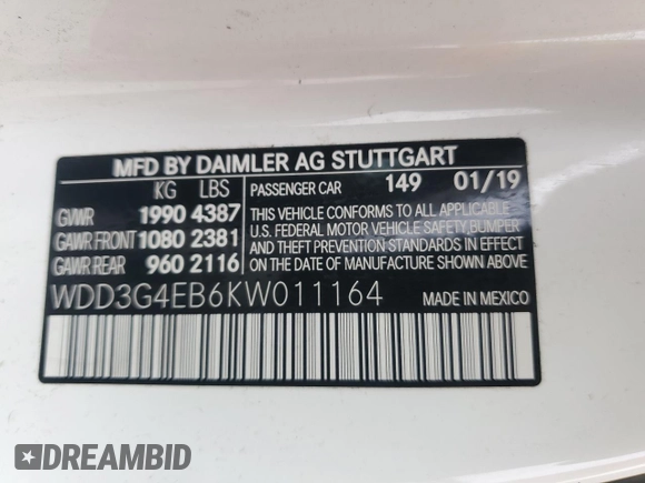 2019 Mercedes-Benz A 220 with VIN WDD3G4EB6KW011164, listed as a Copart auction lot 43455505 with Not Provided miles and Salvage Title. Bid and sale history available at DreamBid. Image 12.