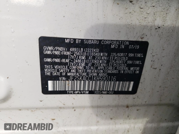 2019 Subaru Forester with VIN JF2SKACC1KH590116, listed as a Copart auction lot 47850195 with 58,574 mi miles and Salvage Title. Bid and sale history available at carsss.com. Image 15.