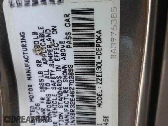 2006 Toyota Corolla CE z VIN 1NXBR32E46Z702893, wystawiony jako Copart lot #55446655 z przebiegiem 269 124 mil mil oraz Szkoda całkowita • Salvage title. Historia ofert i sprzedaży dostępna na DreamBid. Obrazek 12.