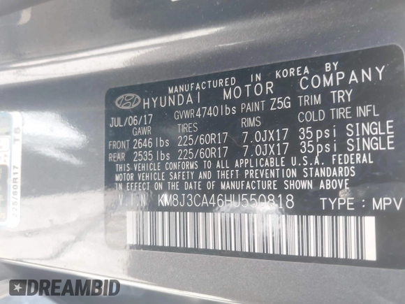 2017 Hyundai Tucson SE with VIN KM8J3CA46HU550818, listed as a IAAI auction lot 41935135 with 90,982 mi miles. Bid and sale history available at carsss.com. Image 9.