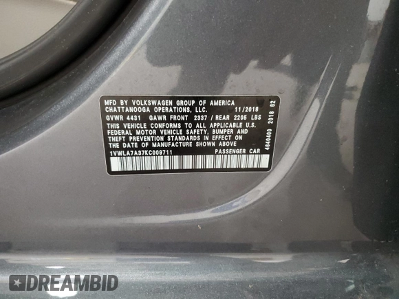 2019 Volkswagen Passat 2.0T Wolfsburg Edition with VIN 1VWLA7A37KC009711, listed as a Copart auction lot 51606335 with 129,030 mi miles and Salvage Title. Bid and sale history available at carsss.com. Image 14.