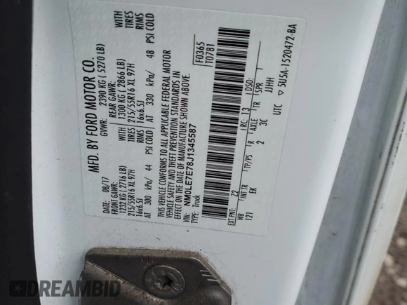 2018 Ford Transit Connect XL with VIN NM0LE7E78J1345587, listed as a Copart auction lot 87817125 with Not provided miles and Salvage title. Bid and sale history available at DreamBid. Image 13.