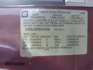 2008 Chevrolet Equinox LT z VIN 2CNDL43F686312418, wystawiony jako IAAI lot #42352445 z przebiegiem 179 852 mil mil oraz . Historia ofert i sprzedaży dostępna na DreamBid. Obrazek 9.