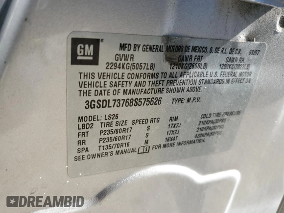 2008 Saturn VUE XR with VIN 3GSDL73768S575626, listed as a Copart auction lot 81950934 with 184,539 mi miles and Salvage Title. Bid and sale history available at DreamBid. Image 12.
