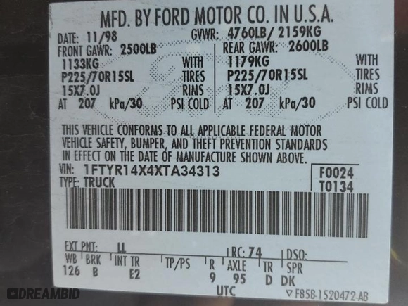 1999 Ford Ranger XL with VIN 1FTYR14X4XTA34313, listed as a Copart auction lot 71479024 with 201,949 mi miles and Salvage Title. Bid and sale history available at carsss.com. Image 12.