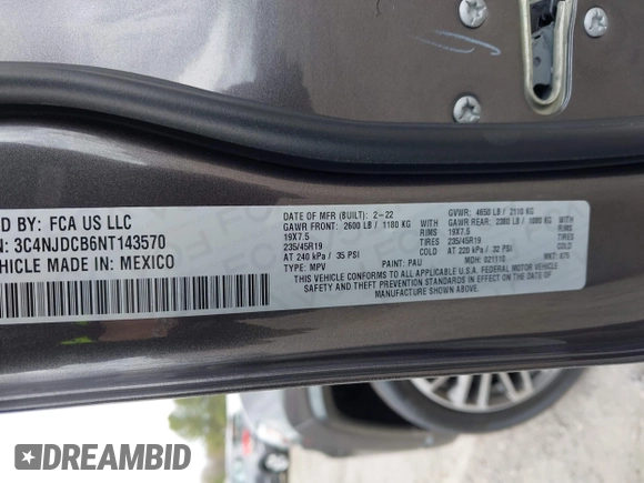 2022 Jeep Compass Limited с VIN 3C4NJDCB6NT143570, выставлен на аукционе IAAI как лот 41921627 с пробегом 26 124 миль миль и . История ставок и продаж доступна на DreamBid. Изображение 9.