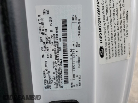 2018 Ford F-150 XL with VIN 1FTMF1CBXJKF88322, listed as a Copart auction lot 48874225 with 133,397 mi miles and Salvage Title. Bid and sale history available at carsss.com. Image 12.