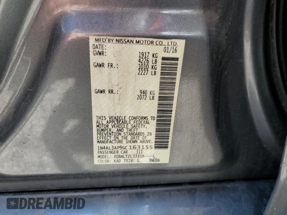 2016 Nissan Altima SL with VIN 1N4AL3AP9GC163155, listed as a Copart auction lot 58478214 with 63,105 mi miles and Salvage title. Bid and sale history available at DreamBid. Image 15.