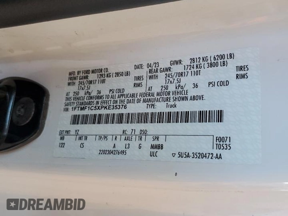 2023 Ford F-150 XL with VIN 1FTMF1C5XPKE35376, listed as a Copart auction lot 57109915 with 25,832 mi miles and Salvage title. Bid and sale history available at DreamBid. Image 12.