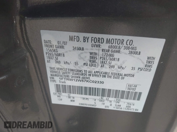 2007 Ford F-150 XLT z VIN 1FTRW12W57KC02330, wystawiony jako IAAI lot #42246828 z przebiegiem 321 712 mil mil oraz . Historia ofert i sprzedaży dostępna na DreamBid. Obrazek 9.