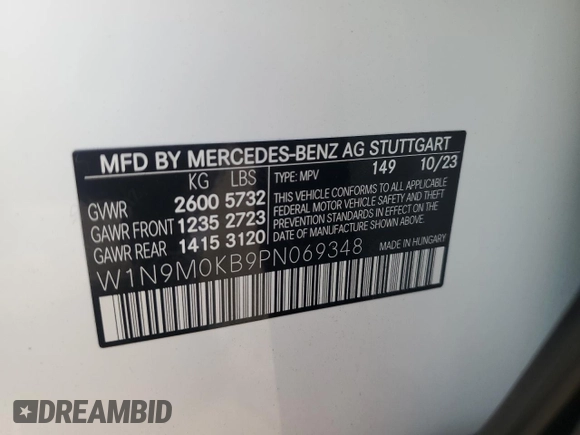 2023 Mercedes-Benz EQB 300 z VIN W1N9M0KB9PN069348, wystawiony jako Copart lot #46492774 z przebiegiem 772 mil mil oraz Szkoda całkowita • Salvage title. Historia ofert i sprzedaży dostępna na DreamBid. Obrazek 12.