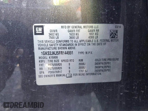 2015 GMC Yukon XL Denali with VIN 1GKS2JKJ5FR144991, listed as a IAAI auction lot 41877853 with 167,814 mi miles. Bid and sale history available at carsss.com. Image 9.