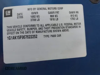 2006 Chevrolet Cobalt LS with VIN 1G1AK15F967622252, listed as a IAAI auction lot 42122598 with 196,388 mi miles and . Bid and sale history available at DreamBid. Image 9.
