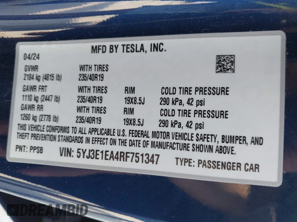 2024 Tesla Model 3 z VIN 5YJ3E1EA4RF751347, wystawiony jako IAAI lot #42185531 z przebiegiem 9 328 mil mil oraz . Historia ofert i sprzedaży dostępna na DreamBid. Obrazek 9.