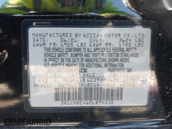 2021 Nissan Versa SV with VIN 3N1CN8EV6ML894230, listed as a IAAI auction lot 41635074 with 67,872 mi miles. Bid and sale history available at carsss.com. Image 9.