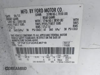 2013 Ford F-150 XL z VIN 1FTNF1CF2DKE46719, wystawiony jako IAAI lot #42865368 z przebiegiem 358 593 mil mil oraz . Historia ofert i sprzedaży dostępna na DreamBid. Obrazek 9.
