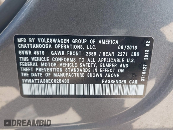 2014 Volkswagen Passat S with VIN 1VWAT7A30EC025433, listed as a IAAI auction lot 42197150 with 141,276 mi miles and . Bid and sale history available at DreamBid. Image 9.
