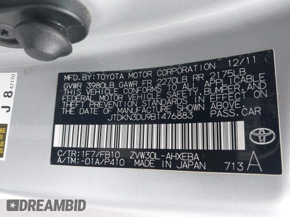 2011 Toyota Prius I z VIN JTDKN3DU9B1476883, wystawiony jako IAAI lot #41178342 z przebiegiem 204 790 mil mil oraz . Historia ofert i sprzedaży dostępna na DreamBid. Obrazek 9.