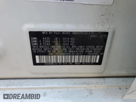 2012 Subaru Legacy 2.5i with VIN 4S3BMBA68C3019541, listed as a Copart auction lot 63259935 with 114,592 mi miles and Salvage title. Bid and sale history available at DreamBid. Image 12.