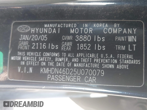 2005 Hyundai Elantra GLS с VIN KMHDN46D25U070079, выставлен на аукционе IAAI как лот 42206576 с пробегом 213 948 миль миль и . История ставок и продаж доступна на DreamBid. Изображение 9.