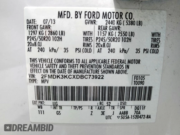 2013 Ford Edge Limited with VIN 2FMDK3KCXDBC73922, listed as a Copart auction lot 63362915 with 148,169 mi miles and Salvage title. Bid and sale history available at DreamBid. Image 13.