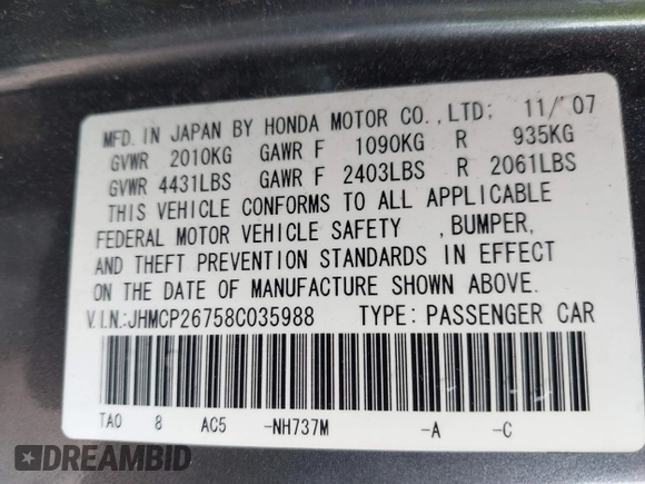 2008 Honda Accord EX with VIN JHMCP26758C035988, listed as a IAAI auction lot 42066504 with 159,700 mi miles and . Bid and sale history available at DreamBid. Image 9.