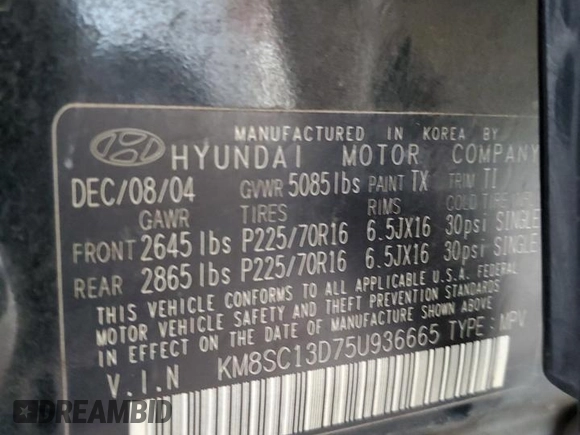 2005 Hyundai Santa Fe GLS z VIN KM8SC13D75U936665, wystawiony jako Copart lot #57342365 z przebiegiem 260 687 mil mil oraz Szkoda całkowita • Salvage title. Historia ofert i sprzedaży dostępna na DreamBid. Obrazek 12.