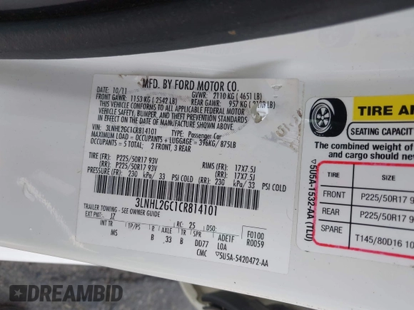 2012 Lincoln MKZ with VIN 3LNHL2GC1CR814101, listed as a IAAI auction lot 42594990 with 156,064 mi miles and . Bid and sale history available at DreamBid. Image 9.