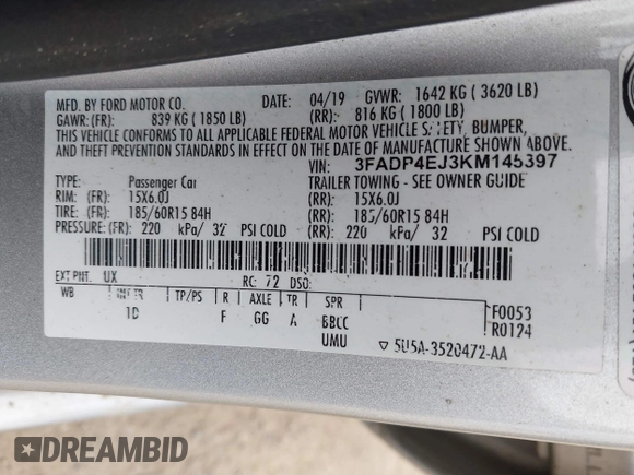 2019 Ford Fiesta SE with VIN 3FADP4EJ3KM145397, listed as a IAAI auction lot 42055399 with 80,667 mi miles. Bid and sale history available at carsss.com. Image 9.