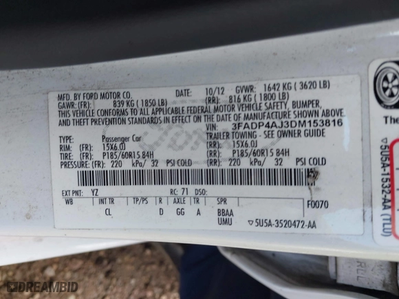 2013 Ford Fiesta S with VIN 3FADP4AJ3DM153816, listed as a IAAI auction lot 41598766 with 64,808 mi miles. Bid and sale history available at carsss.com. Image 9.