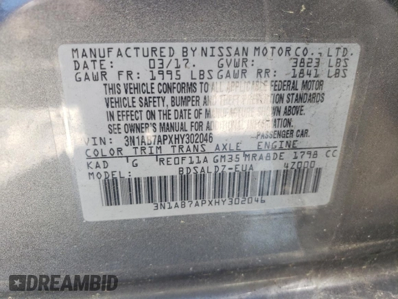 2017 Nissan Sentra SV with VIN 3N1AB7APXHY302046, listed as a Copart auction lot 55858915 with 140,104 mi miles and Clean Title. Bid and sale history available at DreamBid. Image 12.
