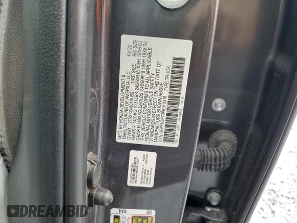 2023 Honda Ridgeline RTL-E with VIN 5FPYK3F79PB010418, listed as a Copart auction lot 62272845 with 39,739 mi miles and Salvage title. Bid and sale history available at DreamBid. Image 12.