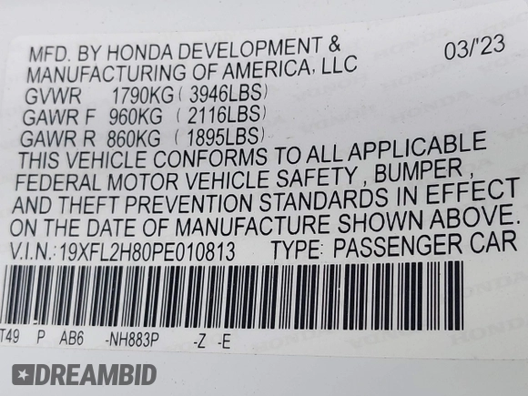 2023 Honda Civic Sport with VIN 19XFL2H80PE010813, listed as a IAAI auction lot 41999917 with 20,734 mi miles and . Bid and sale history available at DreamBid. Image 9.