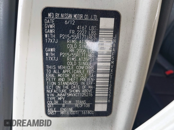 2012 Nissan Juke SL z VIN JN8AF5MVXCT125276, wystawiony jako IAAI lot #42223170 z przebiegiem Nie podano mil oraz . Historia ofert i sprzedaży dostępna na DreamBid. Obrazek 9.