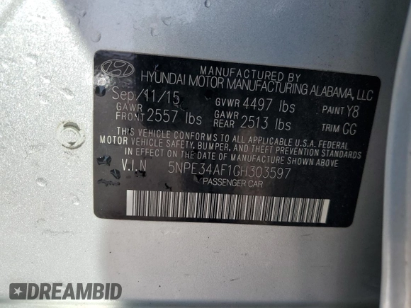 2016 Hyundai Sonata Sport with VIN 5NPE34AF1GH303597, listed as a Copart auction lot 51538355 with 102,229 mi miles and Salvage Title. Bid and sale history available at DreamBid. Image 12.