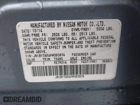 2015 Infiniti Q50 Premium with VIN JN1BV7AR4FM393974, listed as a IAAI auction lot 41874345 with 148,228 mi miles. Bid and sale history available at carsss.com. Image 9.