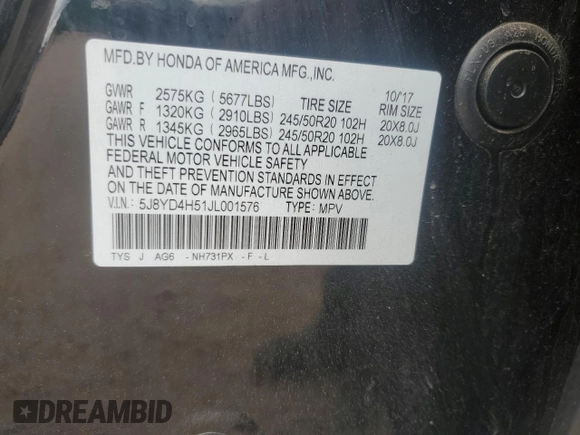 2018 Acura MDX Technology with VIN 5J8YD4H51JL001576, listed as a Copart auction lot 57646995 with 98,295 mi miles and Salvage title. Bid and sale history available at DreamBid. Image 13.