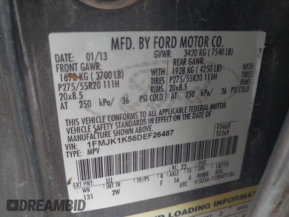 2013 Ford Expedition Max Limited with VIN 1FMJK1K56DEF26487, listed as a IAAI auction lot 41943529 with 309,918 mi miles and . Bid and sale history available at DreamBid. Image 9.