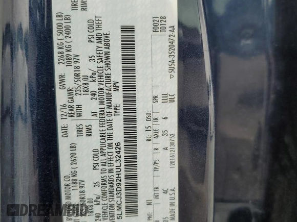 2017 Lincoln MKC Reserve z VIN 5LMCJ3D92HUL32426, wystawiony jako Copart lot #58650355 z przebiegiem 73 445 mil mil oraz Szkoda całkowita • Salvage title. Historia ofert i sprzedaży dostępna na DreamBid. Obrazek 12.