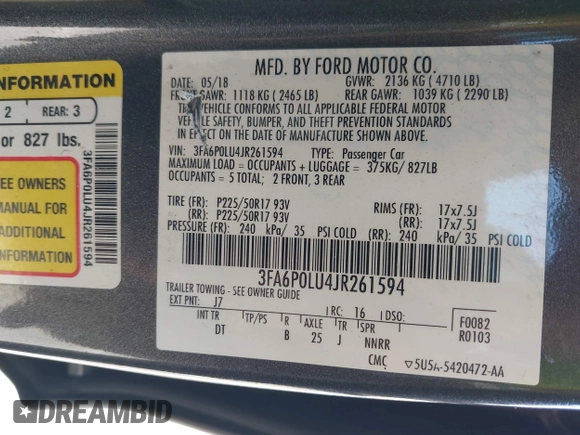 2018 Ford Fusion Hybrid SE with VIN 3FA6P0LU4JR261594, listed as a IAAI auction lot 40360797 with 128,533 mi miles. Bid and sale history available at carsss.com. Image 9.