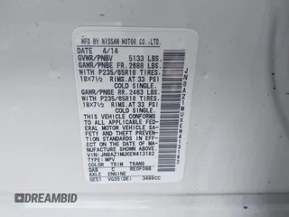 2014 Nissan Murano SL with VIN JN8AZ1MUXEW413162, listed as a IAAI auction lot 42036782 with 87,780 mi miles and . Bid and sale history available at carsss.com. Image 9.