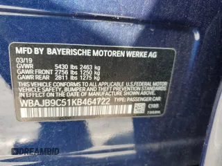 2019 BMW 5 Series M550i xDrive with VIN WBAJB9C51KB464722, listed as a Copart auction lot 53575135 with 70,187 mi miles and Salvage title. Bid and sale history available at DreamBid. Image 12.
