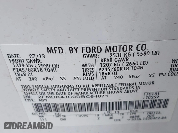 2013 Ford Edge SEL with VIN 2FMDK4JC9DBC64071, listed as a IAAI auction lot 41864334 with 104,942 mi miles. Bid and sale history available at carsss.com. Image 9.