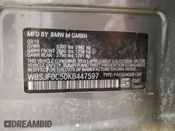 2019 BMW M5 with VIN WBSJF0C50KB447597, listed as a Copart auction lot 45179115 with 40,600 mi miles and Salvage Title. Bid and sale history available at carsss.com. Image 14.