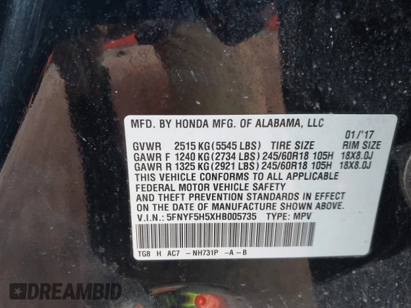 2017 Honda Pilot EX-L with VIN 5FNYF5H5XHB005735, listed as a IAAI auction lot 41791678 with 131,480 mi miles. Bid and sale history available at carsss.com. Image 9.